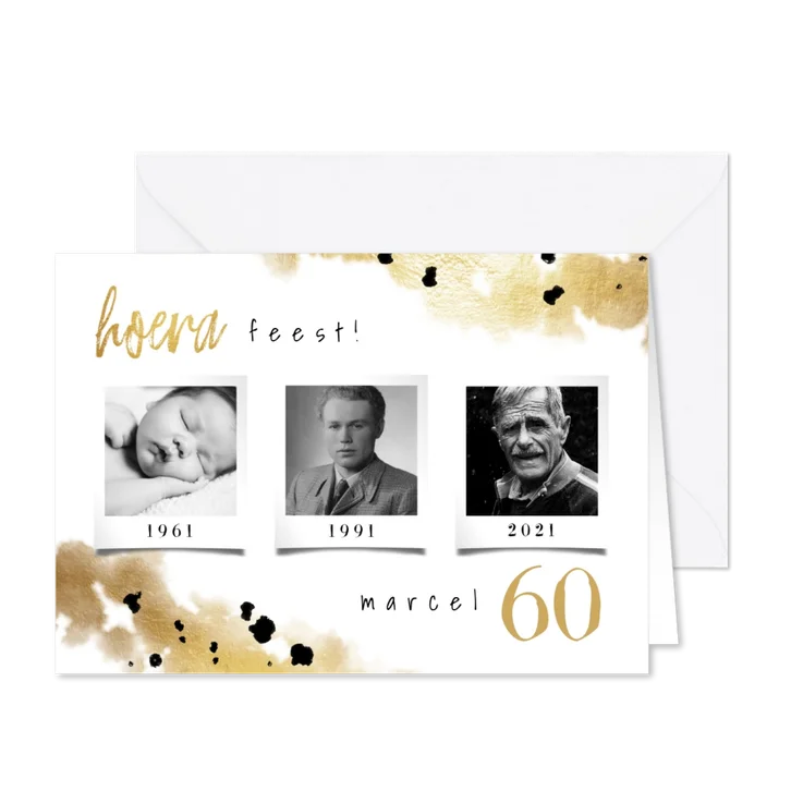 Verjaardagsfeestje drie foto's gouden details uitnodiging