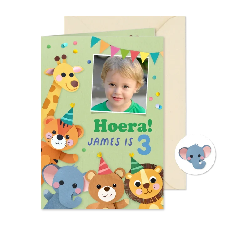 Verjaardagskaart dieren en confetti met foto