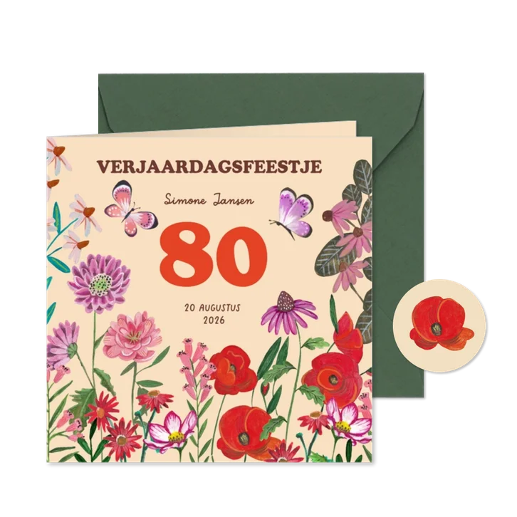 Verjaardagsuitnodiging bloemen 80 jaar kleurrijk feest