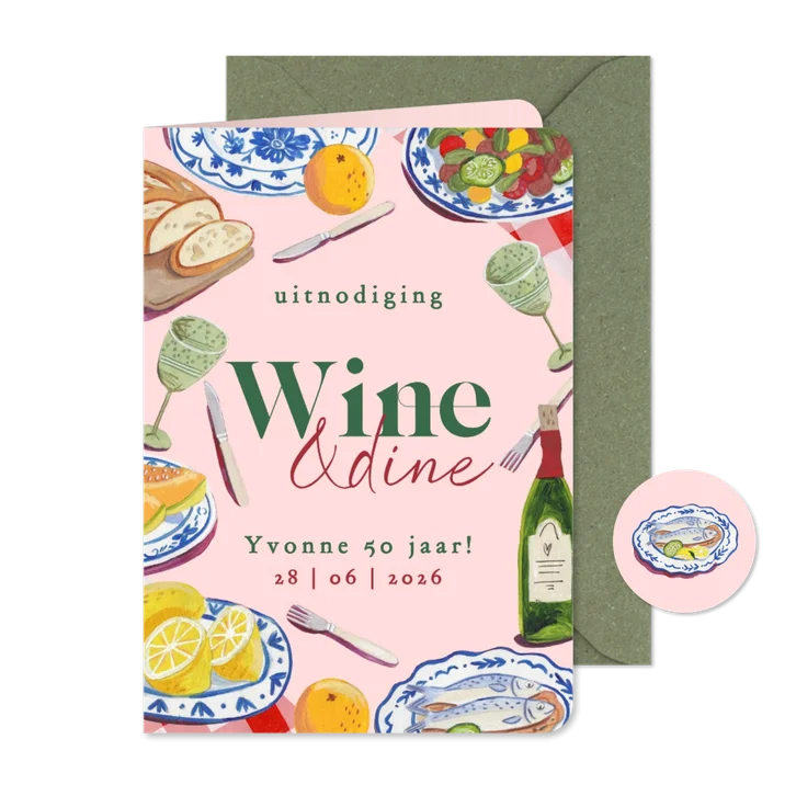 Verjaardagsuitnodiging Wine & Dine 50 jaar dinerfeest