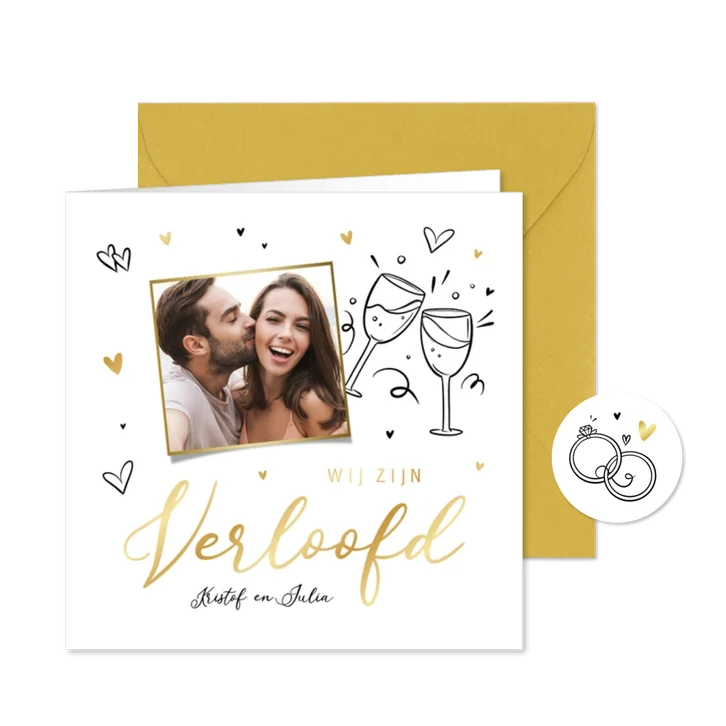 Verloofd kaart doodle goud foto ringen champagne