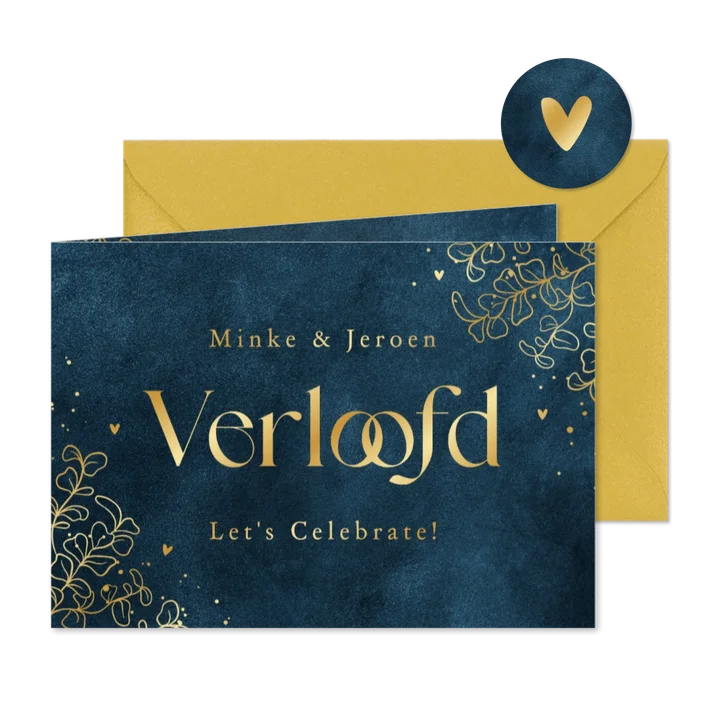 Verloofd kaart velvet blauw goud stijlvol eucalyptus hartjes