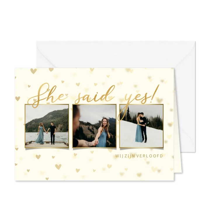 Verlovingskaart collage met van eigen foto's en goudfolie