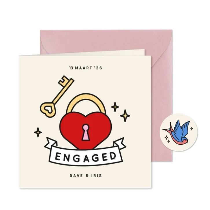  Verlovingskaart met tattoo style illustraties van slotje