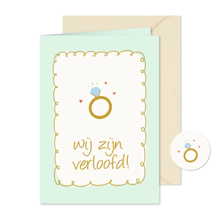 Verlovingskaartje met groen kader en ring
