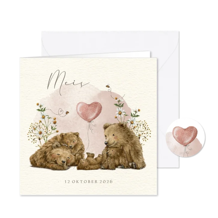 Vierkant geboortekaartje derde kindje meisje met beren