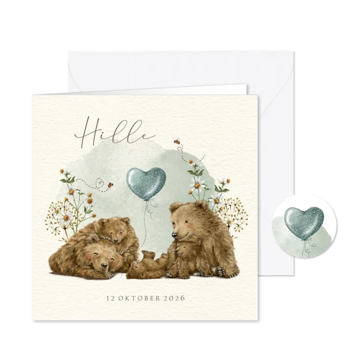 Vierkant geboortekaartje derde kindje met beertjes