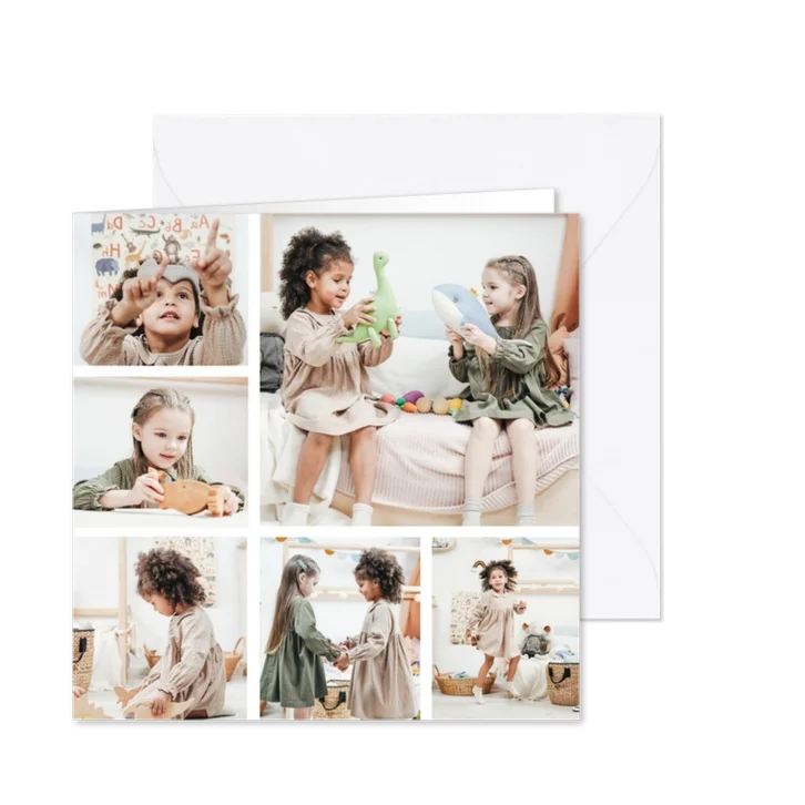 Vierkante fotokaart met collage van 6 foto's