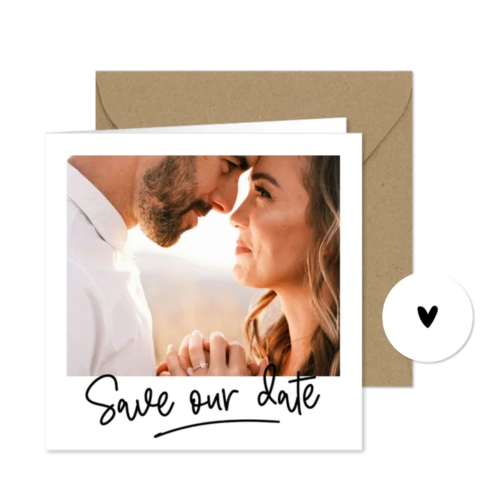 Vierkante handgeschreven save the date met foto kader