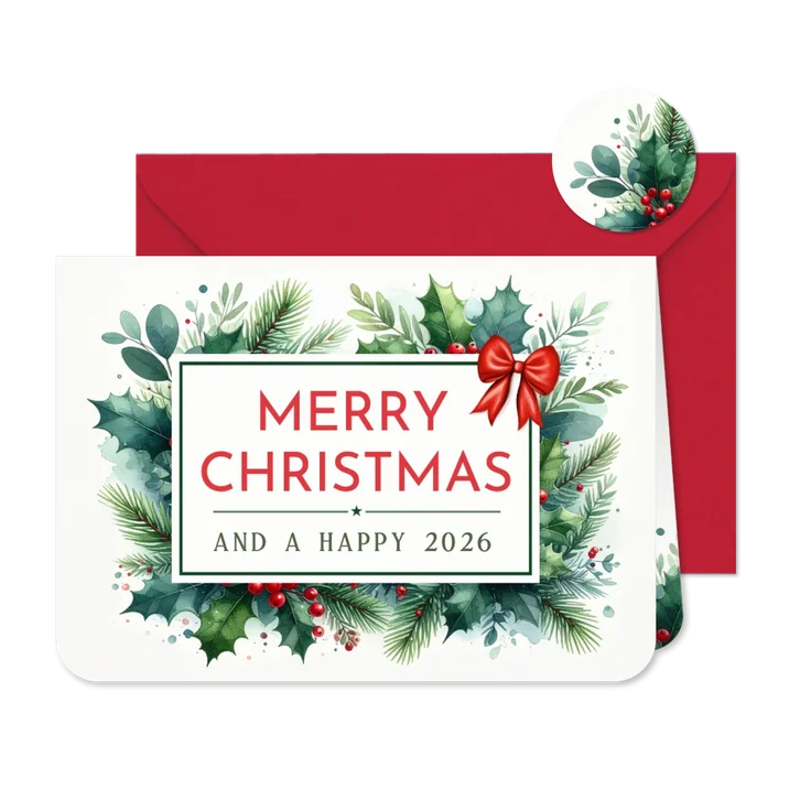 Vintage botanische kerstkaart met kersttakjes en strik