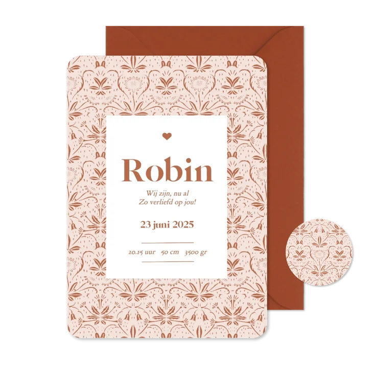 Vintage geboortekaartje met botanisch patroon in beige
