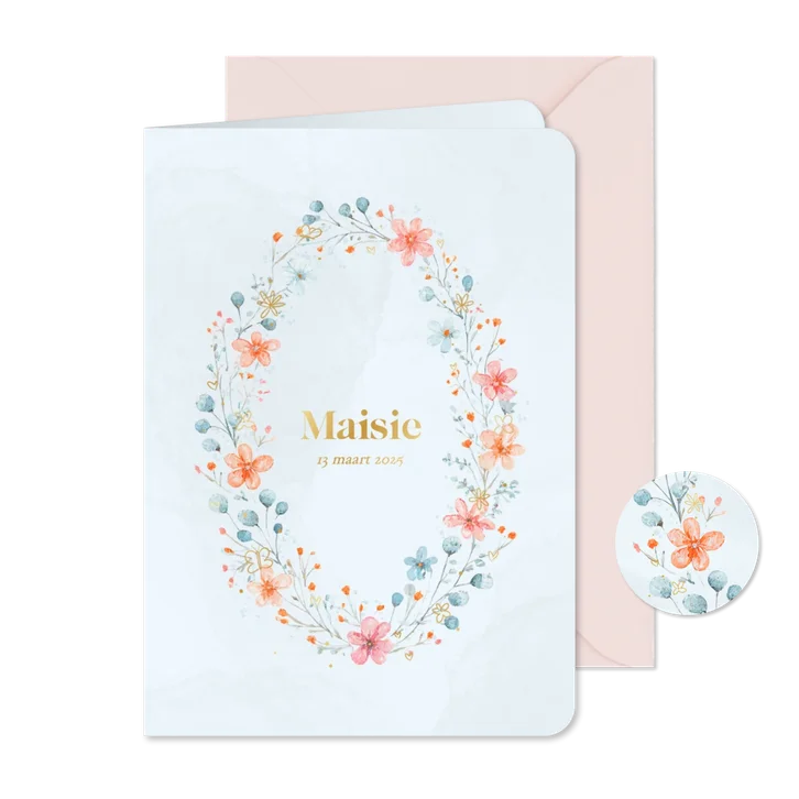 Vintage geboortekaartje met waterverf bloemen en goud
