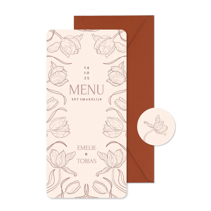Vintage menukaart bruiloft met sierlijke bloemen beige
