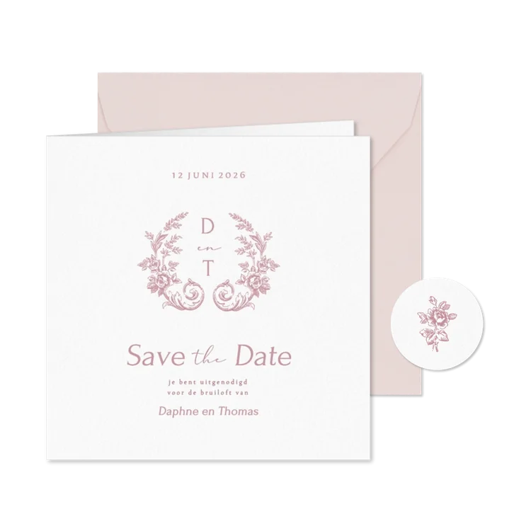 Vintage trouwkaart save the date met roze rozen
