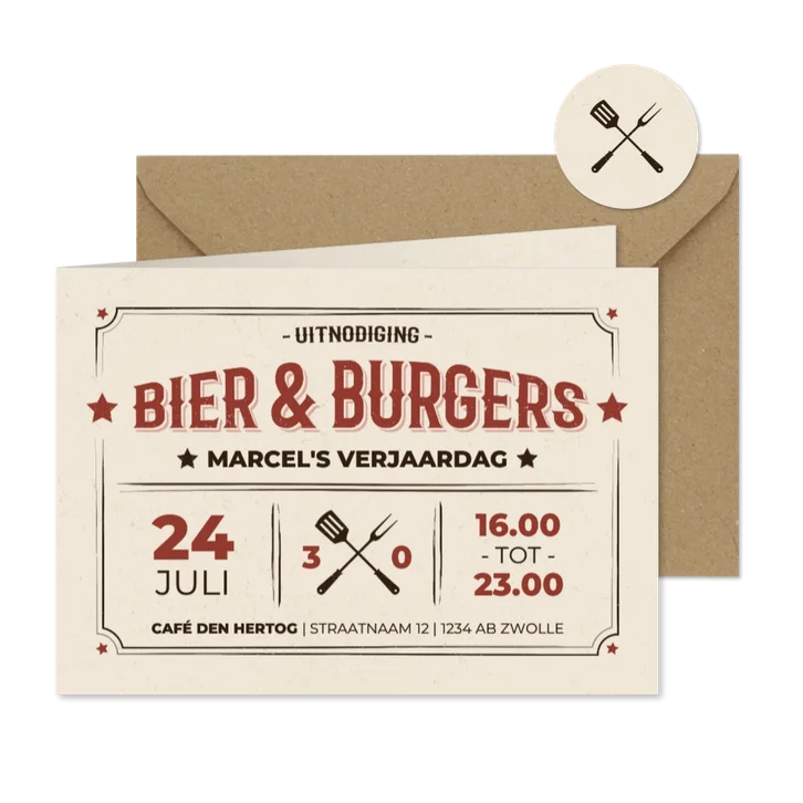Vintagestijl uitnodiging bier & burgers beige