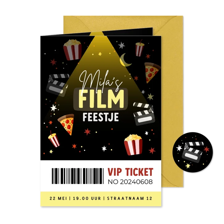 VIP ticket filmfeestje pizza popcorn en sterren