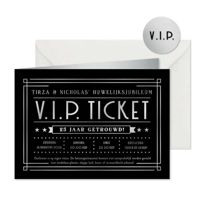VIP ticket moderne uitnodiging zilveren huwelijksjubileum