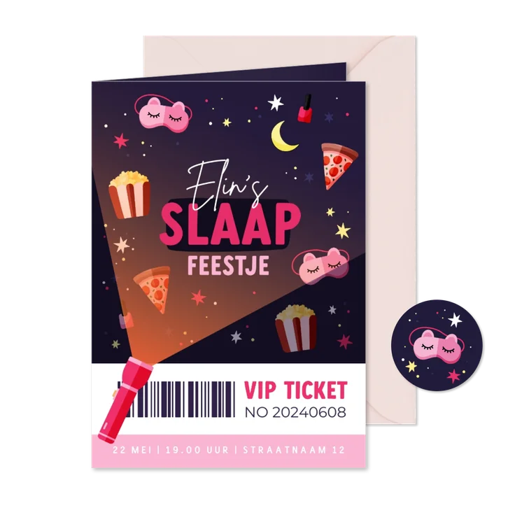 VIP ticket slaapfeestje makeup slaapmaskers en sterren
