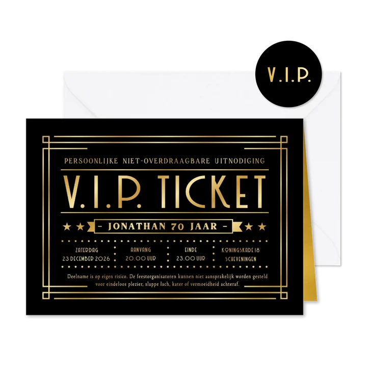 VIP ticket uitnodiging verjaardag feest met goudfolie print
