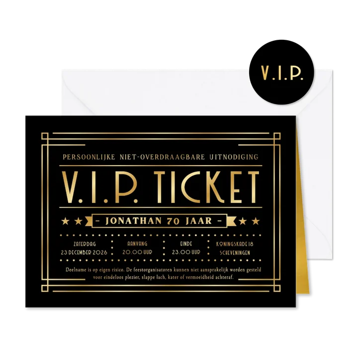 VIP ticket uitnodiging verjaardag feest met goudfolie print
