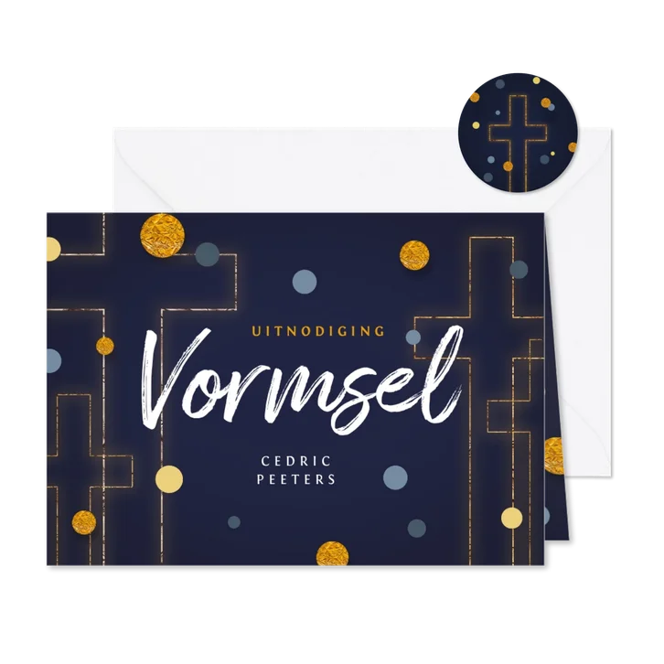 Vormsel communie uitnodiging goud kruis confetti