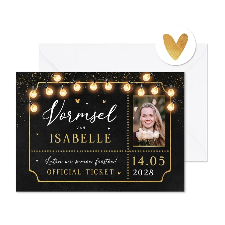 Vormsel ticket krijtbord goud lampjes hartjes foto