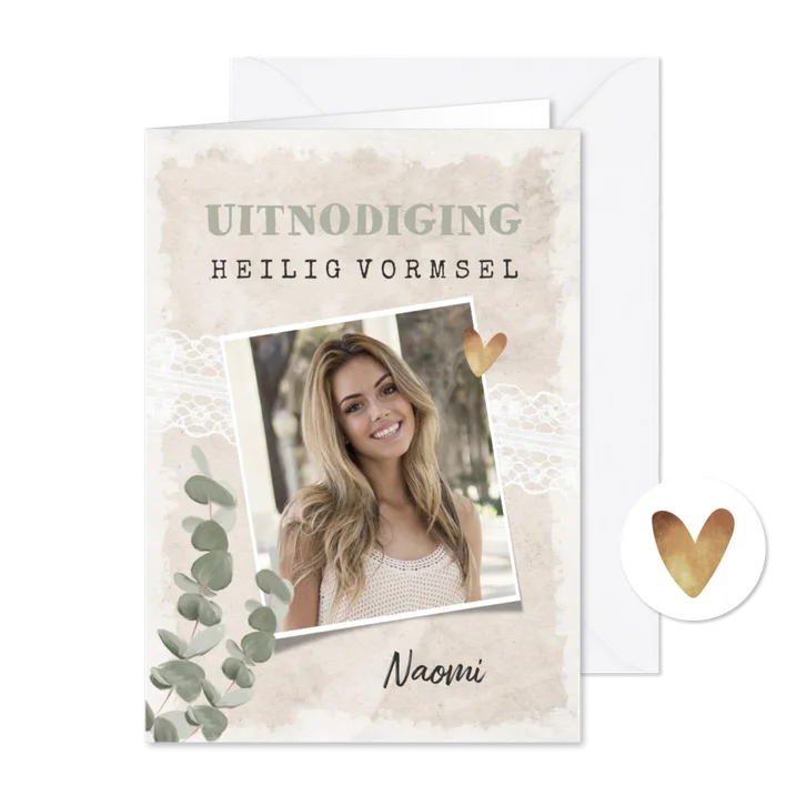 Vormsel uitnodiging vintage kant eucalyptus goud