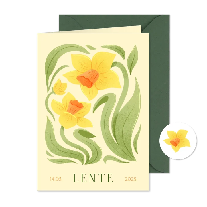 Vrolijk geboortekaartje geboortebloemen narcis