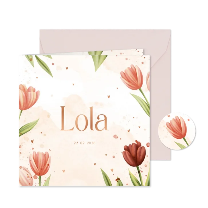 Vrolijk geboortekaartje lente thema met tulpen en hartjes