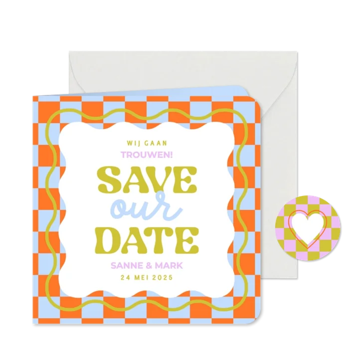 Vrolijk gekleurde save the date kaart met wave en blokjes