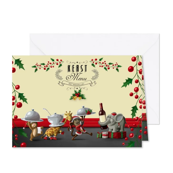 Vrolijk kerst menukaart met diertjes