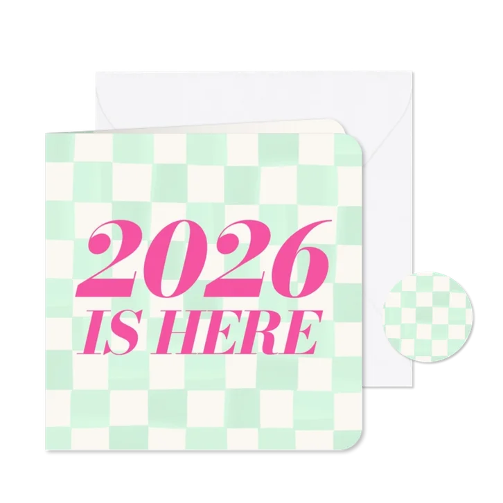 Vrolijk nieuwjaarskaartje 2026 is here groen geblokt