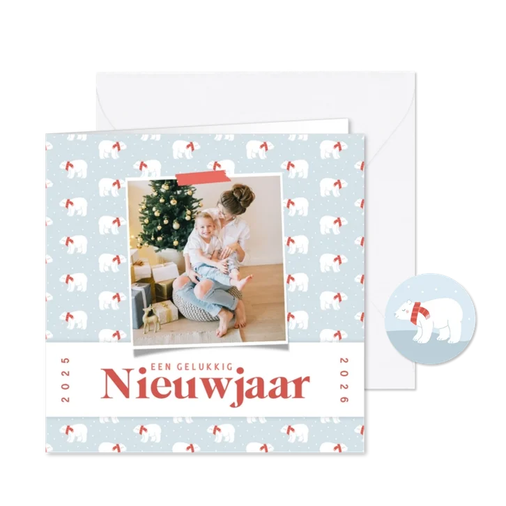 Vrolijk nieuwjaarskaartje met ijsbeer patroontje en foto