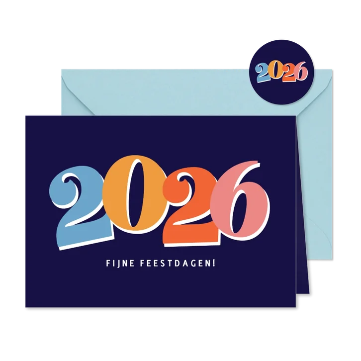 Vrolijke blauwe kerstkaart met gekleurd jaartal