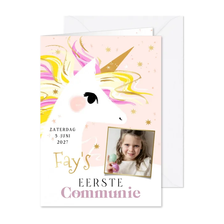 Vrolijke communiekaart unicorn goud sterren foto