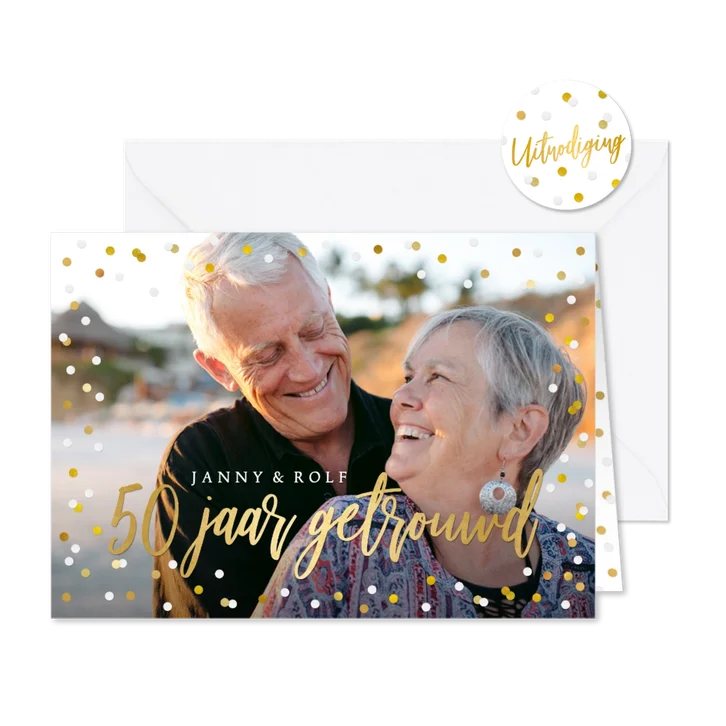 Vrolijke confetti uitnodiging huwelijksjubileum eigen foto