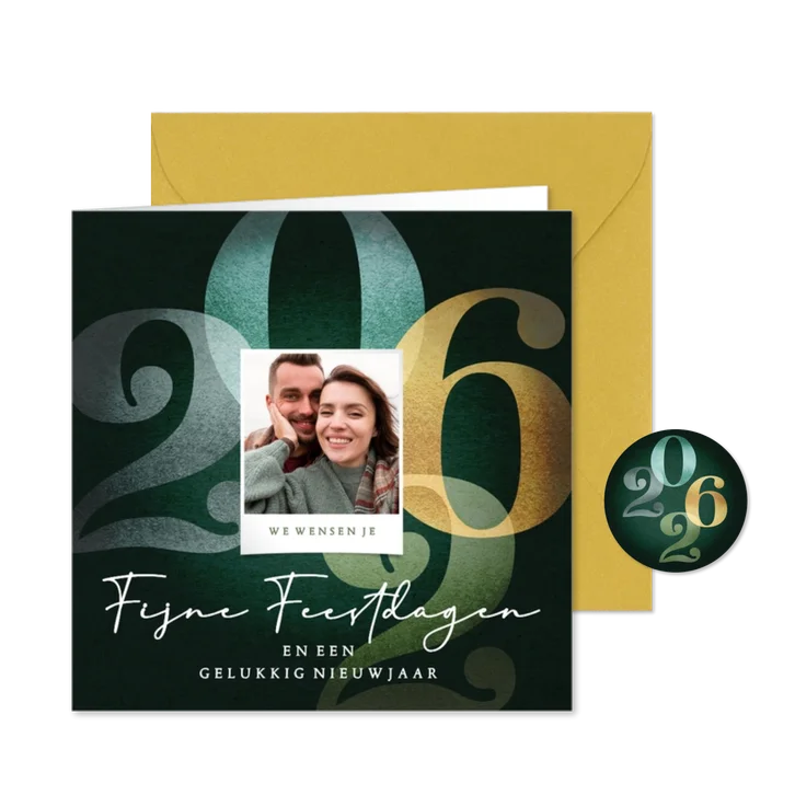 Vrolijke foto kerstkaart 2026 in groen