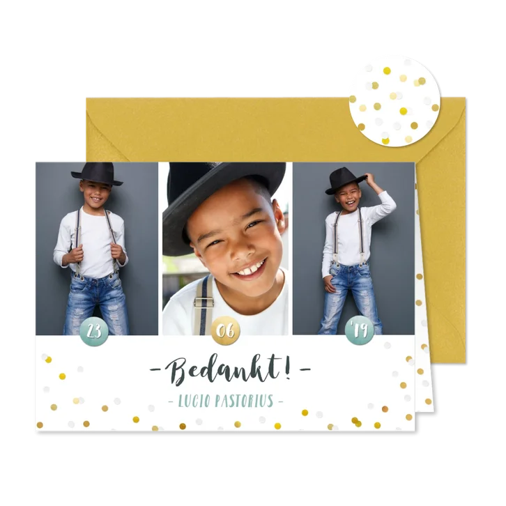 Vrolijke fotocollage bedankkaart voor een eerste communie