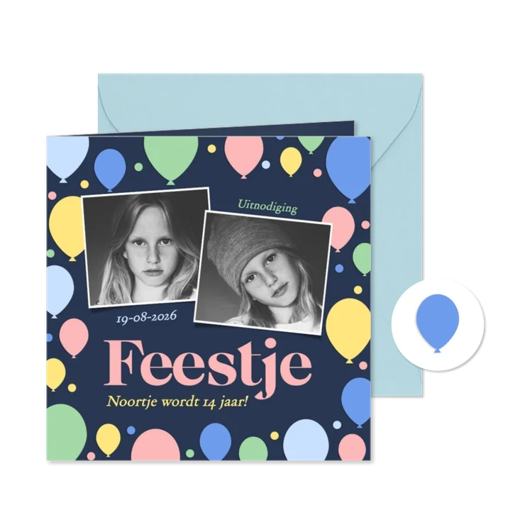 Vrolijke fotokaart uitnodigingen blauw met ballonnen kader