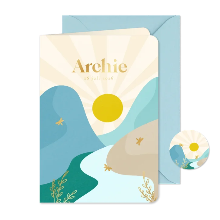 Vrolijke geboortekaartjes met landschap libelle goud jongen