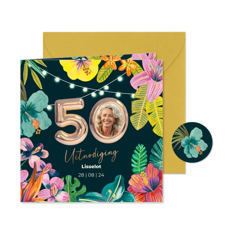 Vrolijke Hawaii uitnodiging bloemen en 50 ballonnen