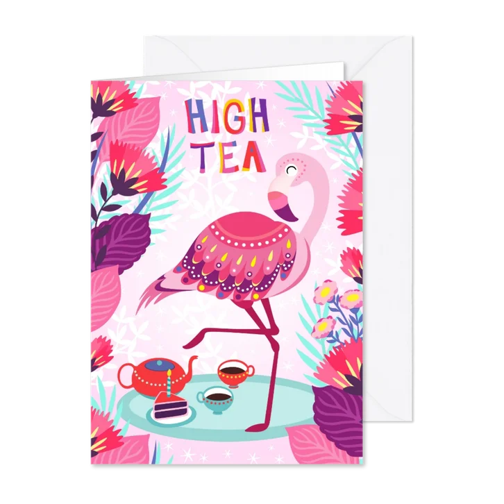 Vrolijke high tea uitnodiging met flamingo, taart en bloemen
