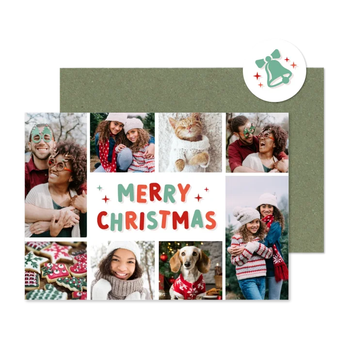 Vrolijke hippe fotocollage kerstkaart met 8 eigen foto's