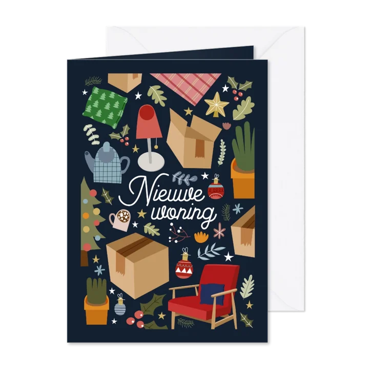 Vrolijke kerst-verhuiskaart met illustraties