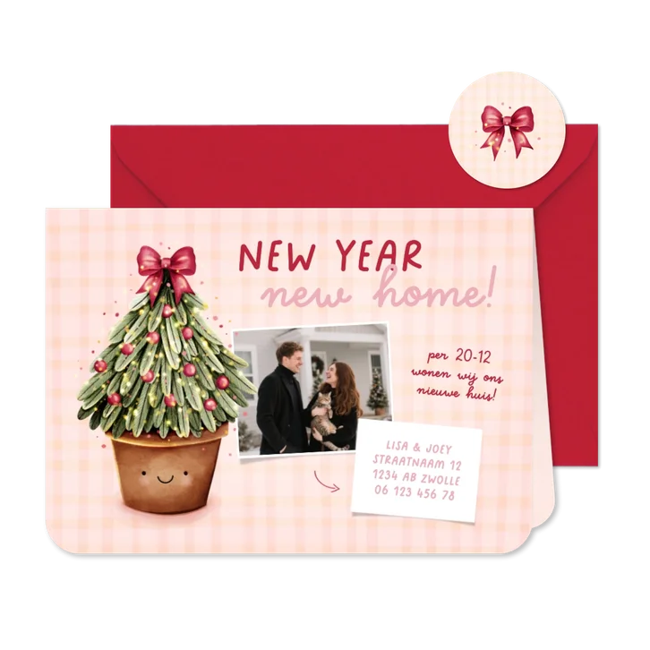 Vrolijke kerst verhuiskaart met kerstboom en foto