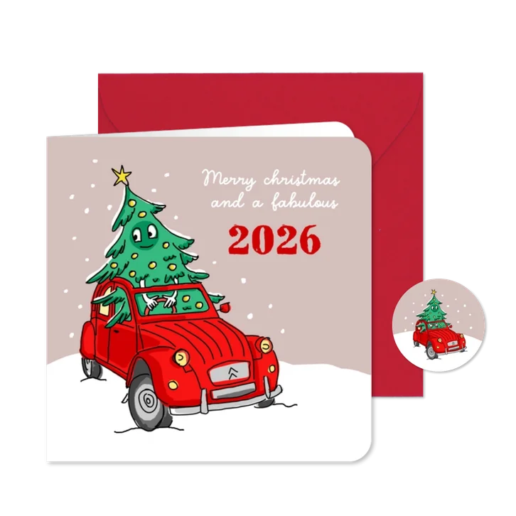 Vrolijke kerstboom in oldtimer eend