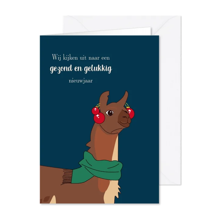 Vrolijke kerstkaart alpaca met kerstballen