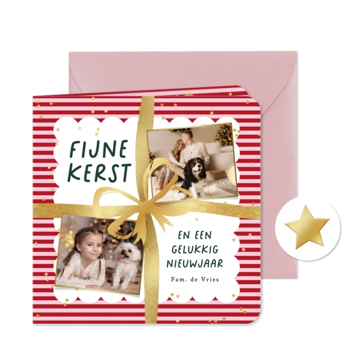 Vrolijke kerstkaart cadeau strik goud streep foto
