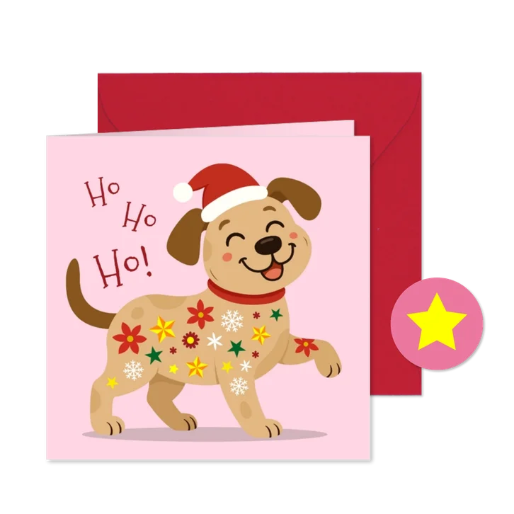 Vrolijke kerstkaart met hond en kerst items
