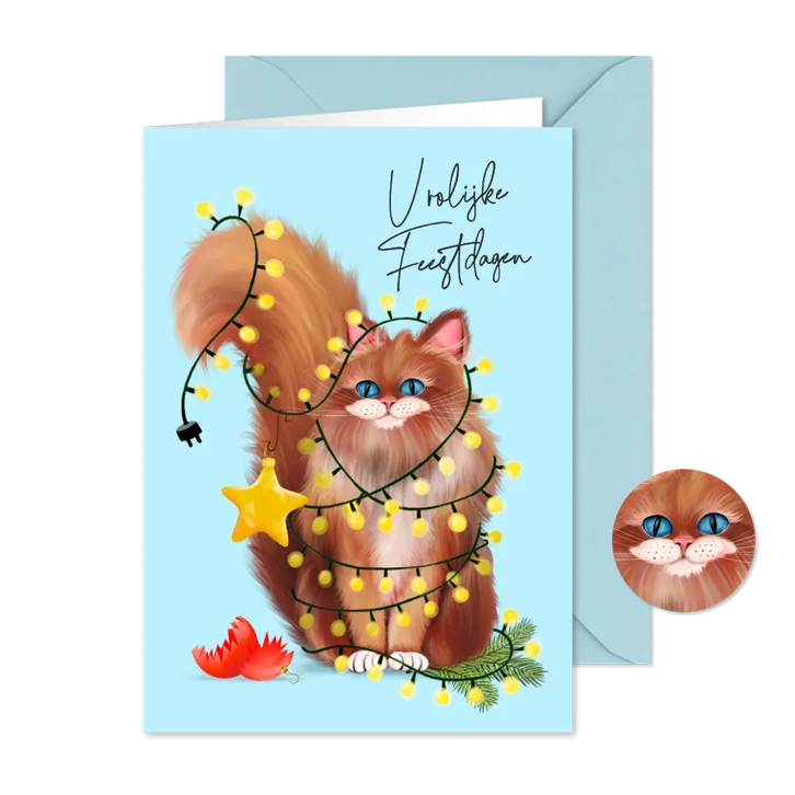 Vrolijke kerstkaart met kat en lichtjes